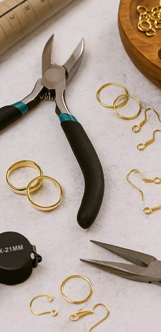 Jewelry pliers and gold-colored earring findings